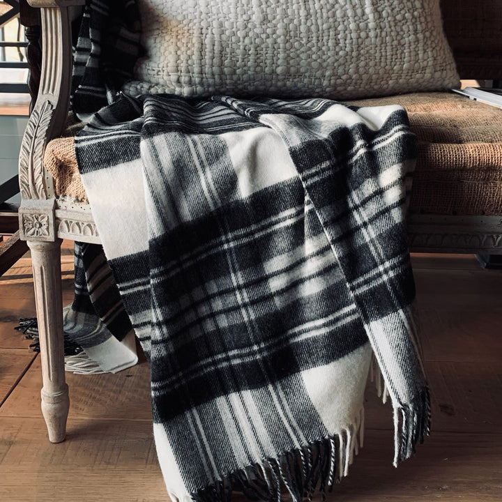 THE HUNTRESS NEW YORK Blankets Black & Ivory Plaid Merino Wool Throw Blanket Plaid