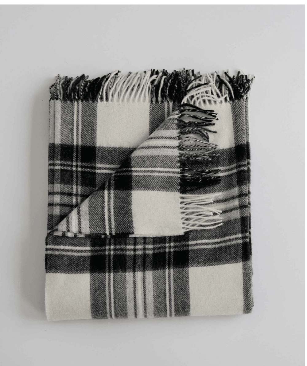 Evangeline Home Goods - Blanket Black & Ivory Plaid Merino Wool Throw