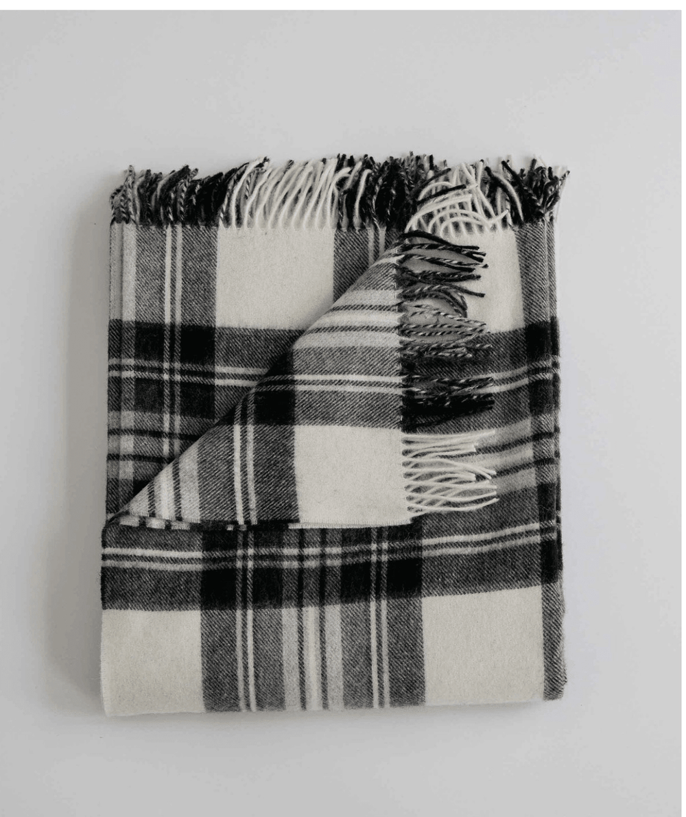 Evangeline Home Goods - Blanket Black & Ivory Plaid Merino Wool Throw